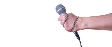 Female hand with microphone, on white background. World Press Freedom Day.の写真素材
