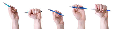 A collage of hands holding pens against a white background. The concept of World Press Freedom Day.の写真素材
