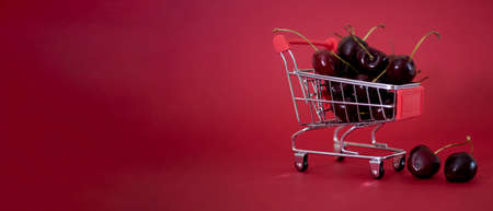 A metal mini supermarket cart filled with juicy red cherries on a bardic background. The concept of fresh and healthy food.の写真素材