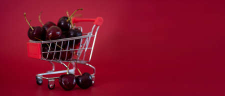 A metal mini supermarket cart filled with juicy red cherries on a bardic background. The concept of fresh and healthy food.の写真素材