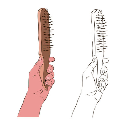The hand holding the brush on the metal, for rough surface cleaning. The concept of rough work.のイラスト素材