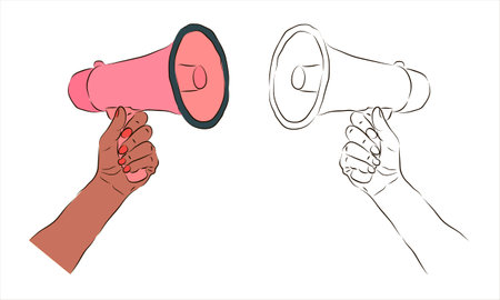 A woman's hand holds a pink megaphone. The concept of negotiations.のイラスト素材