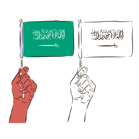 The flag of Saudi Arabia is in the hand of a man in color and black and white. The concept of patriotism.のイラスト素材