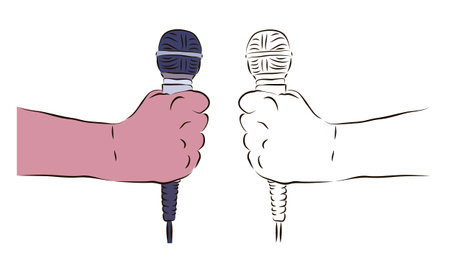 The hand holds the microphone in a color and black-and-white image. The concept of news or karaoke.のイラスト素材