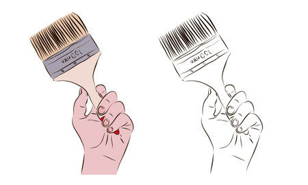 A worker holds a paintbrush in his hand. The concept of wall painting.のイラスト素材