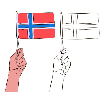 The flag of Norway is in the hand of a man in color and black and white. The concept of patriotism.のイラスト素材