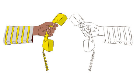 The hand holds an old telephone receiver in yellow and black and white. vintage pipe concept.のイラスト素材