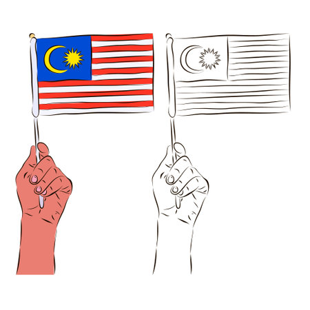 The flag of Malaysia is in the hand of a man in color and black and white. The concept of patriotism.のイラスト素材