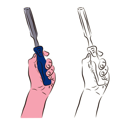 The hand holds a chisel for woodwork. The concept of the carpenter's work.のイラスト素材