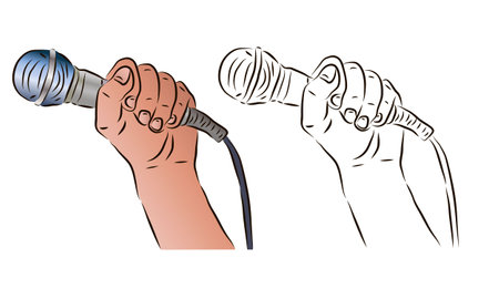 The hand holds the microphone in a color and black-and-white image. The concept of news or karaoke.のイラスト素材