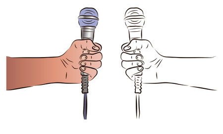 The hand holds the microphone in a color and black-and-white image. The concept of news or karaoke.のイラスト素材