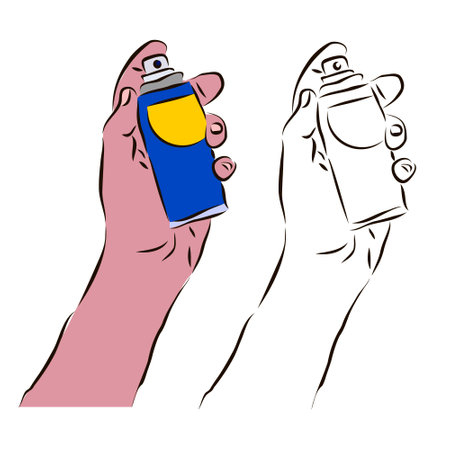 The hand holds a can of paint. The concept of working with paint.のイラスト素材