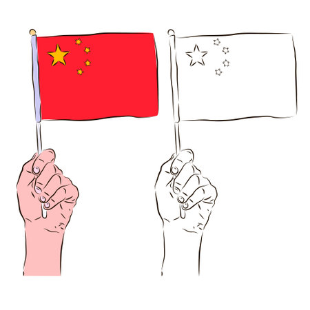 The flag of China is in the hand of a man in color and black and white. The concept of patriotism.のイラスト素材