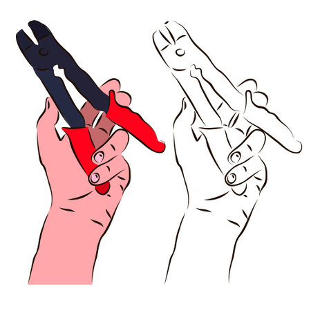 The hand holds the cable cutter for operation. The concept of cutting cables.のイラスト素材