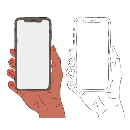 A woman's hand holds a mobile phone on a white background with space for text. Modern phone concept.のイラスト素材