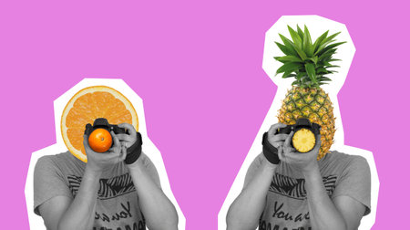 Art collage with photographer and orange and pineapple fruit. Art collage concept on lilac...