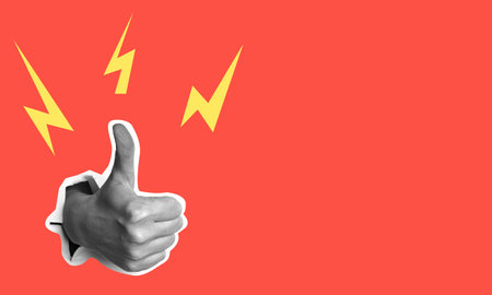 Female hand showing thumbs up gesture, on red background, art collage. positive hand sign. Thumbs up fashion collage in magazine style. Modern art. modern design.の写真素材