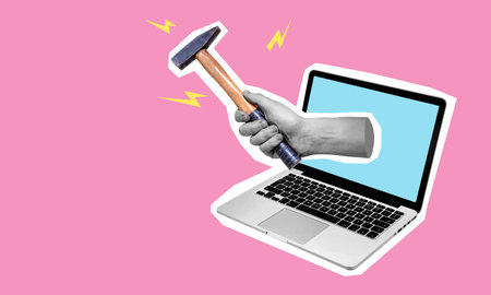 Collage art, hand with hammer protruding from a laptop against a pink background. The modern art of working behind a computer monitor.の写真素材