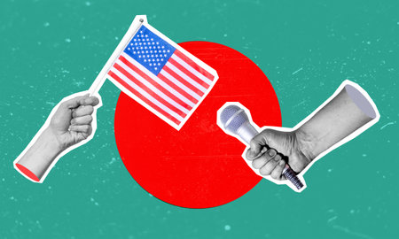 The art of collage, a collage of a hand holding an American flag, a microphone in the other hand. Concept of an interview with america on a green background.の写真素材