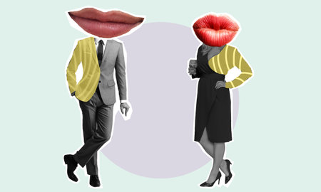 Art collage with a man and a woman in a business suit and a beautiful dress with big lips on a light colored background. Black and white collage photo on a colored background with red lips.の写真素材