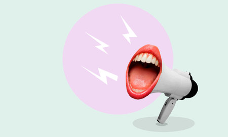 Art collage, megaphone with screaming mouth, loudspeaker with screaming mouth, art collage. Art collage concept on the theme of advertising and voice.の写真素材