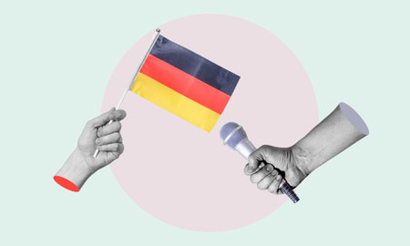 Art collage, collage of a hand holding the German flag, microphone in the other hand. Concept interview with Germany on a light-coloured background.の写真素材