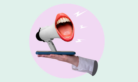 Art collage, A hand holds a phone and a loudspeaker comes out of the phone and screams against a light background. Concept of a hands-free phone conversation.の写真素材
