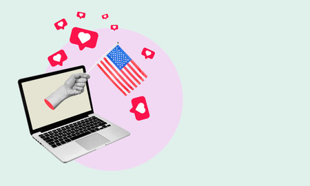 Art collage, Hand comes out of laptop with American flag, hearts and likes around hand on light background. Concept work from America with likes and hearts.の写真素材