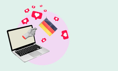Art collage, Hand comes out of laptop with German flag, hearts and likes around hand on light background. Concept work from Germany with barks and hearts.の写真素材
