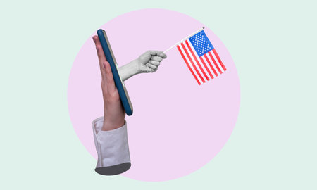 Art collage, a woman's hand comes out of a phone with an American flag, on a light background. Concept work from America through the phone.の写真素材