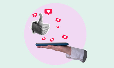 Art collage, girl's finger up and phone on a light background, around flying hearts from the phone. The concept of online dating.の写真素材