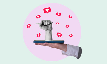 Art collage, contemporary art collage, hand from a phone with a pen. There are hearts flying around on a light background. The concept of recording or keeping your own block on your phone.の写真素材