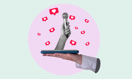 Art collage, contemporary art collage, hand with microphone out of the phone. There are hearts flying around on a light background. Interview or news concept.の写真素材