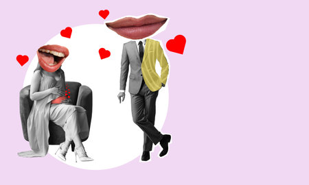 Art collage, modern art, man and woman with big lips, woman sitting pregnant on a chair, man next to her. The concept of love of a married couple.の写真素材