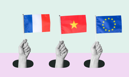A collage of contemporary art. Flags of the European Union, France, and China come out of the wall from below in the hands of a man. The concept of country diplomacy. world politics and business partners.の写真素材
