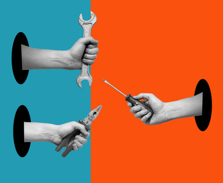 Art collage of hands with tools on a surrealistic background. Concept of technical support, warranty service, repair.の写真素材