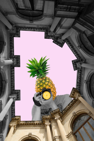 Art collage, bottom-up view of a man taking pictures from a building on a pink background, Pineapple instead of his head. Surrealism with a pink sky and a pineapple.の写真素材
