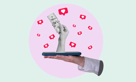 A hand holding dollars in a fist sticking out of a smartphone screen, against a light background. The concept of networking. Collage of contemporary art, modern design.の写真素材