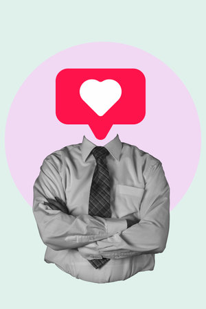 Creative photo collage of a headless funny guy addicted to social media, art collage on light background, heart instead of head.の写真素材