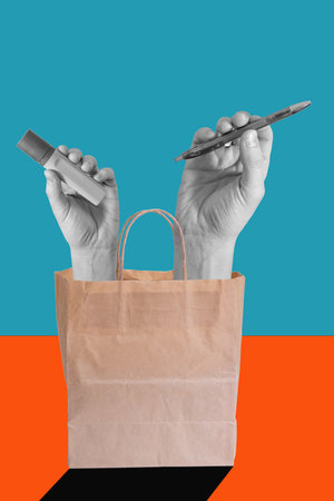 Art collage, hands out of the bag with ballpoint pens and markers. The concept of discount stores.の写真素材