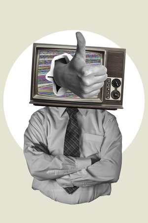 Art collage, Modern art collage of a man with a TV instead of his head, with a televisions likes or thumbs up. The concept of news broadcasting.の写真素材