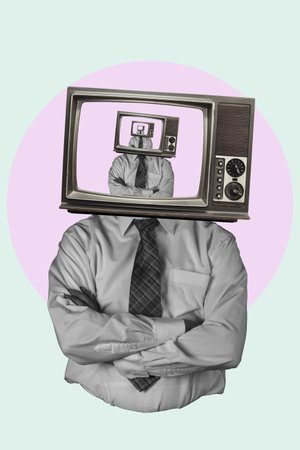 Art collage, Modern art collage of a man with a TV instead of his head, TV in a TV set. Concept place for advertising or propaganda, news.の写真素材