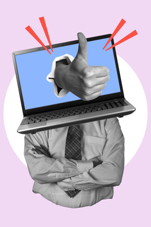 Art collage, a man with a laptop instead of a head, in the laptop finger up, Good Businessman. The concept of employees working remotely.の写真素材