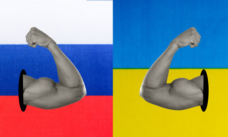 Art collage, Contemporary art collage. Ukrainian and Russian flags on the background of strong arms. The concept of resistance between countries.の写真素材
