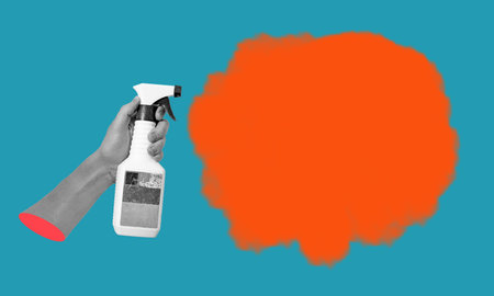 A work of art, an art collage, a hand with a can of paint, or an aerosol of paint with room to advertise. The concept of marketing and advertising work.の写真素材