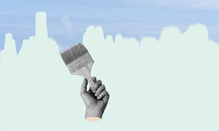 Art collage, hand and brush paint background with the sky on a light background. The concept of painting surrealism.の写真素材
