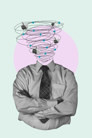 modern art collage. Silhouette of a businessman in a stylish suit with a digital brain diagram, Modern Science. Artificial Intelligence, the concept of cybernetic mind.の写真素材