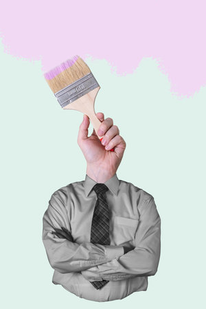 Contemporary art collage depicting a man with a brush instead of a head. Concept of art, creativity, imagination. Space for copying.の写真素材