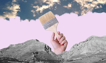 Art collage, background with the sky against the mountains, painted by brush and hand. Surrealist painting concept.の写真素材