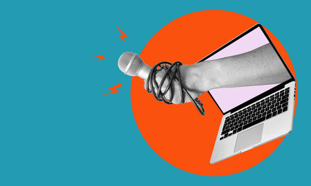Collage art, the hand with a microphone sticking out of the laptop on blue background. Yellow press from a laptop, daily news.の写真素材